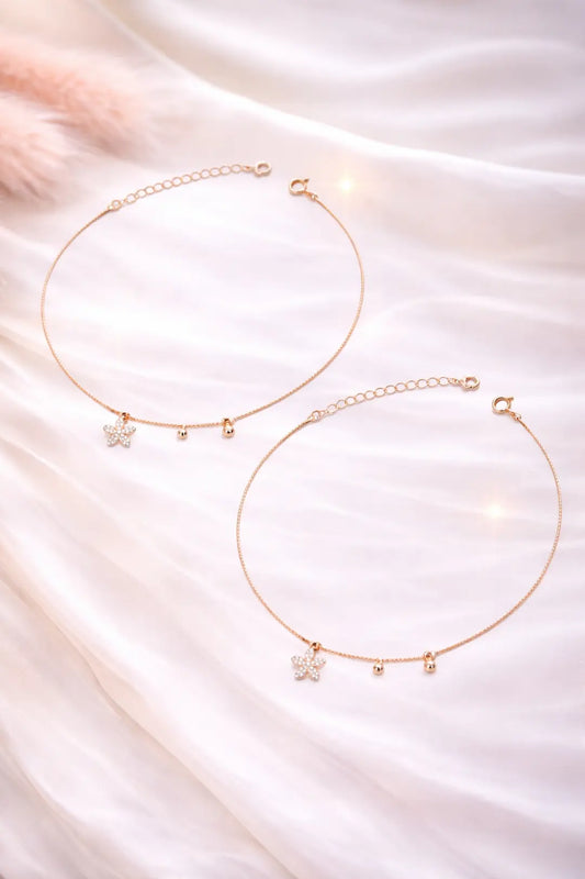 925 Sterling Silver Rose Gold Adjustable Flower Charm Anklet Pair