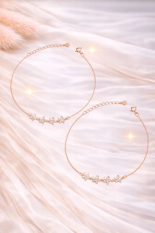 Elegant Rose Gold 925 Silver Triple Square Adjustable Anklet (Pair)