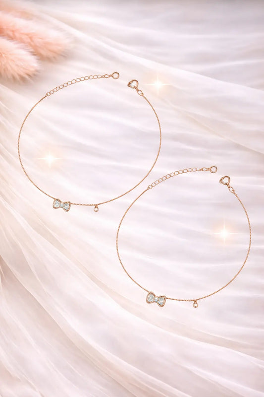Bow Charm Adjustable 925 Silver Anklet Pair (Rose Gold Finish)