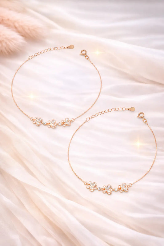 925 Sterling Silver Rose Gold Adjustable Triple Blossom Anklet Pair