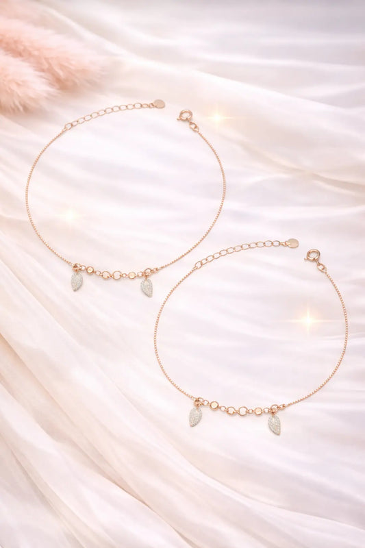 925 Sterling Silver Rose Gold Adjustable Teardrop Charm Anklet Set