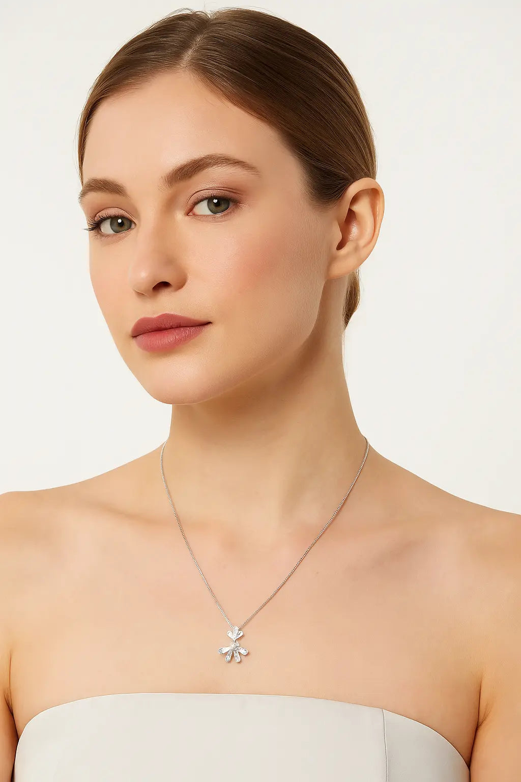 Crystal Bloom Fan Pendant Necklace - 925 Silver