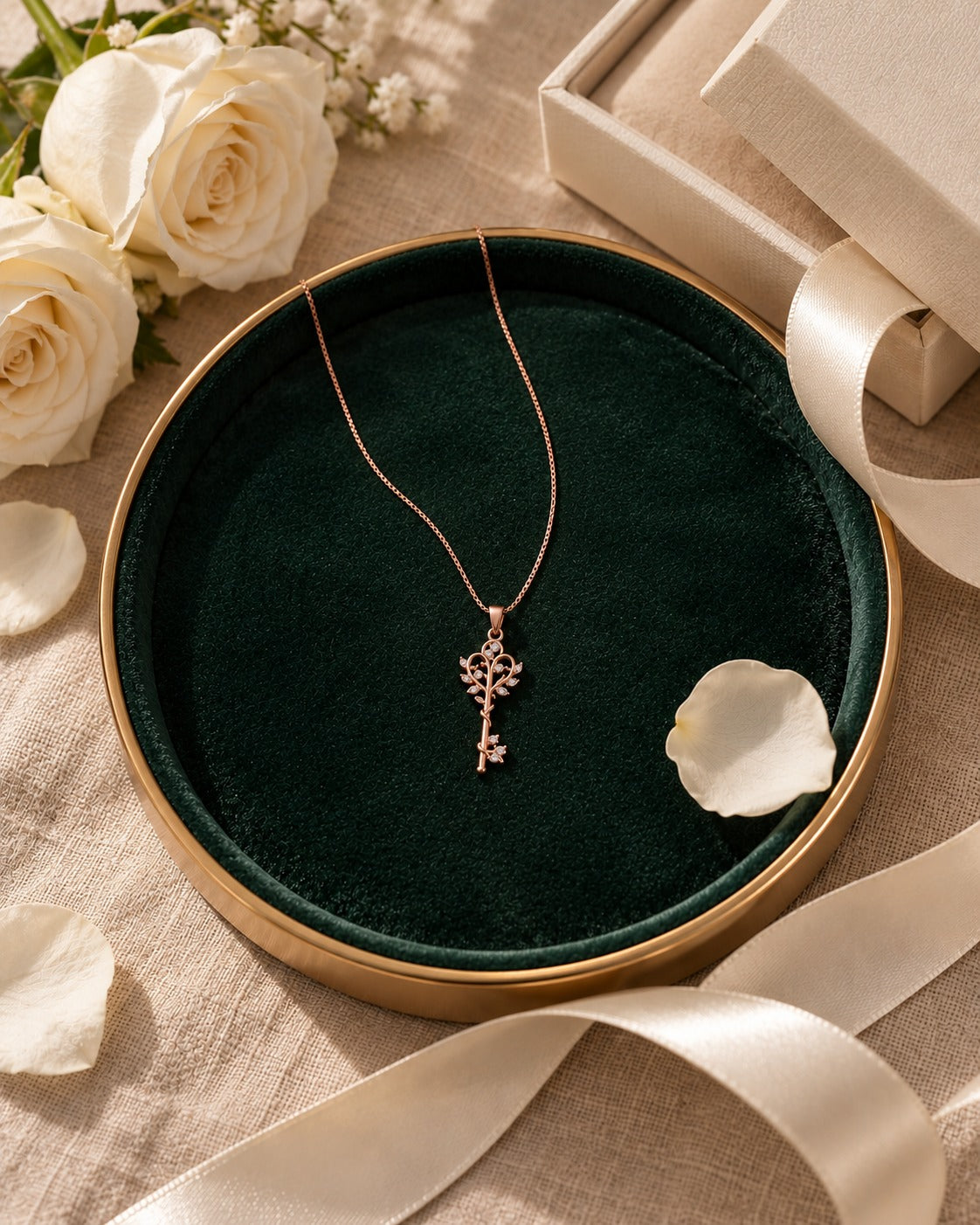 Rose Gold Crystal Tree of Life Key Pendant Necklace – 925 Sterling Silver