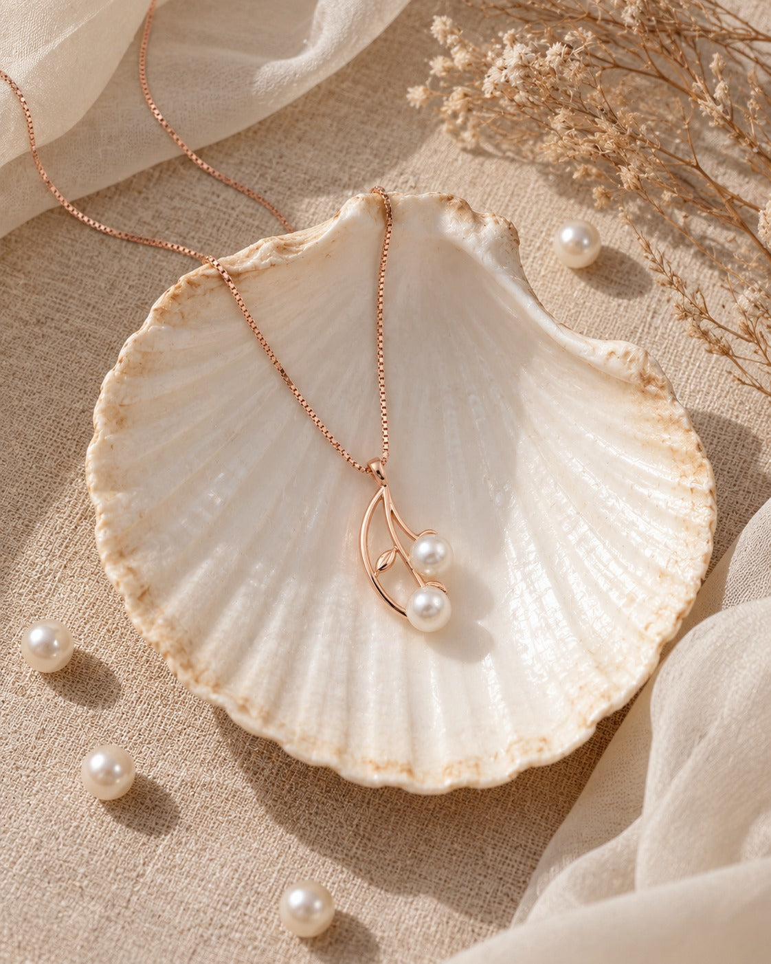 Rose Gold Pearl Vine Pendant Necklace – 925 Sterling Silver