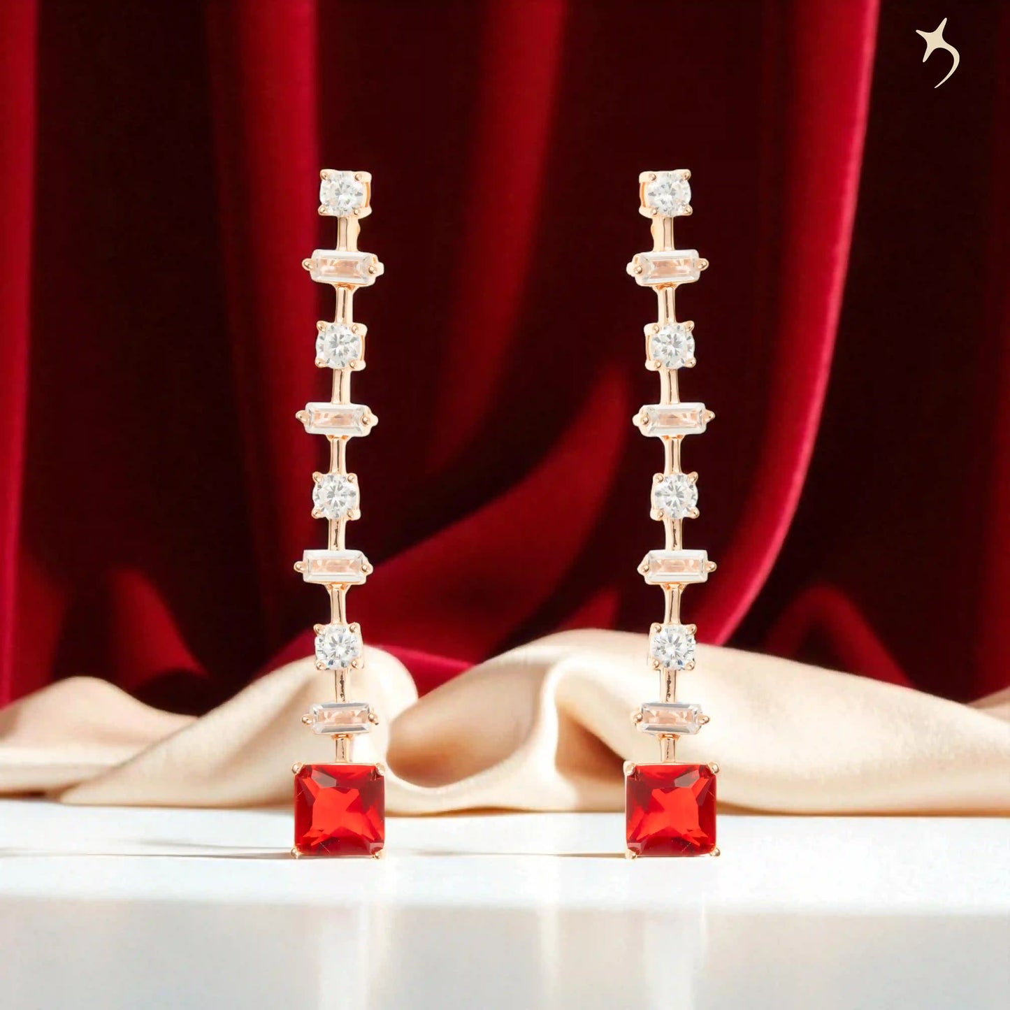 Crimson Elegance Rose Gold Drop Earrings - 925 Silver