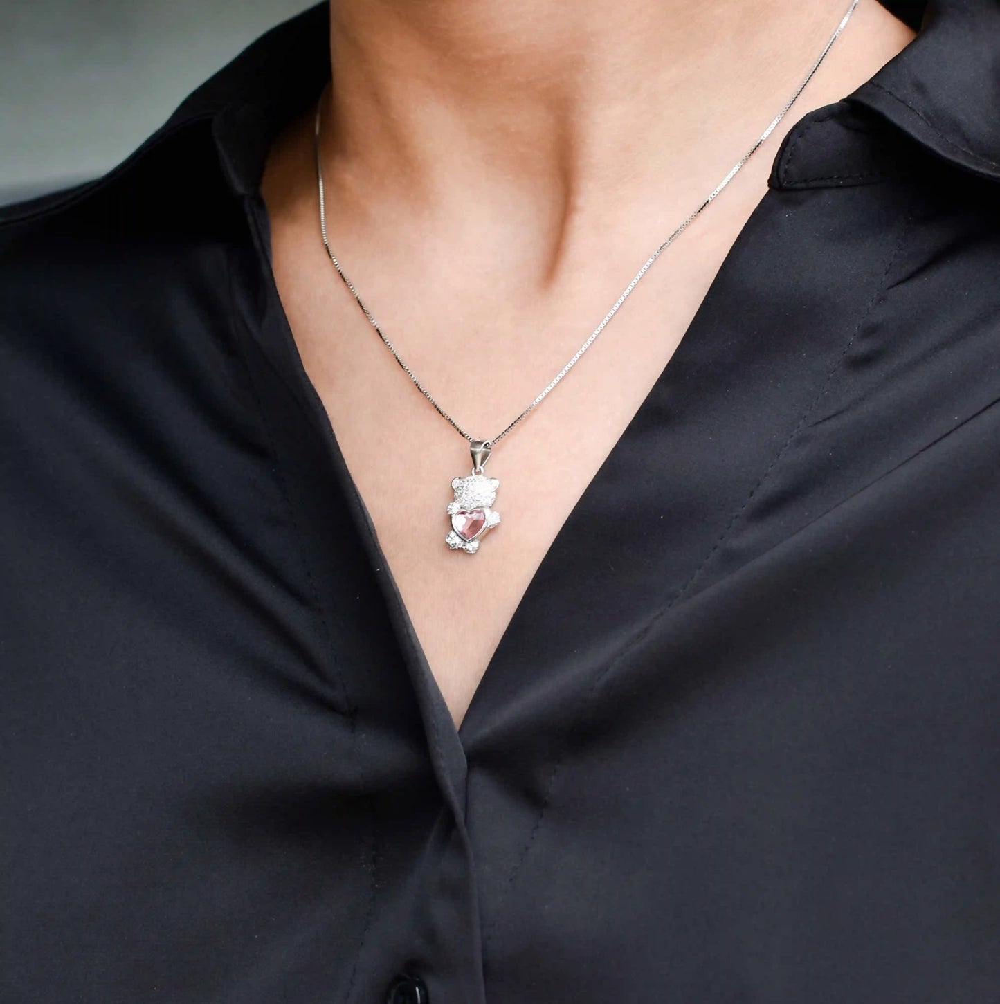 Teddy Bear Heart Necklace - 925 Silver