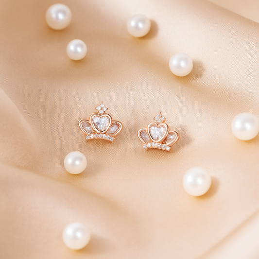 Regal Heart Crown Rose Gold Earrings,