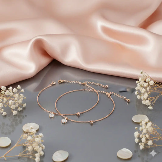925 Sterling Silver Rose Gold Adjustable Dual Anklet Set