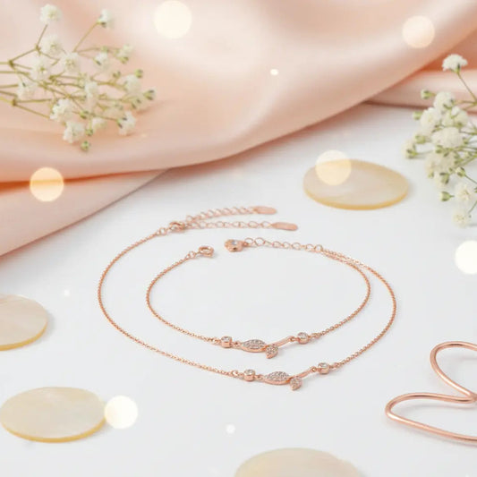 925 Sterling Silver Rose Gold Adjustable Leaf & Bud Anklet Set