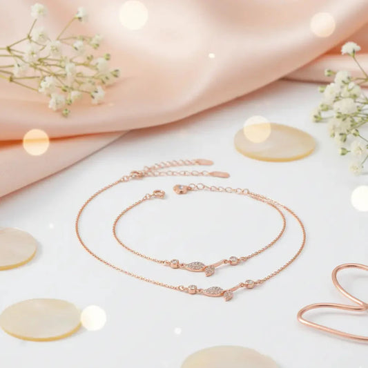 925 Sterling Silver Rose Gold Adjustable Leaf & Bud Anklet Set