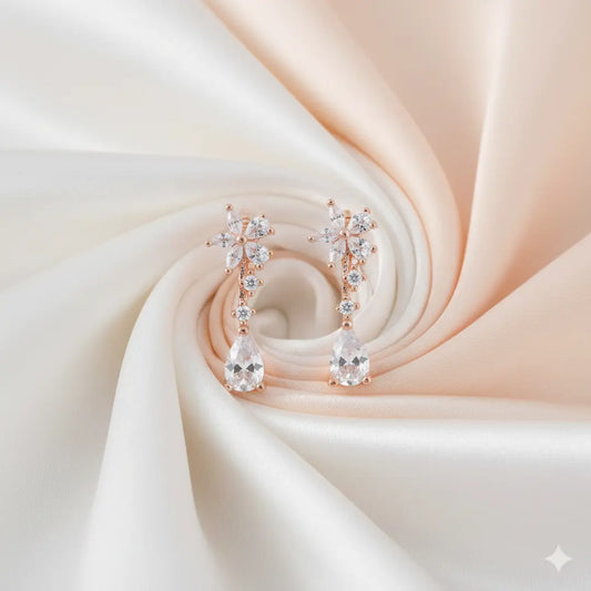 925 Sterling Silver Rose Gold Floral Pear Drop Earrings (Adjustable Fit)