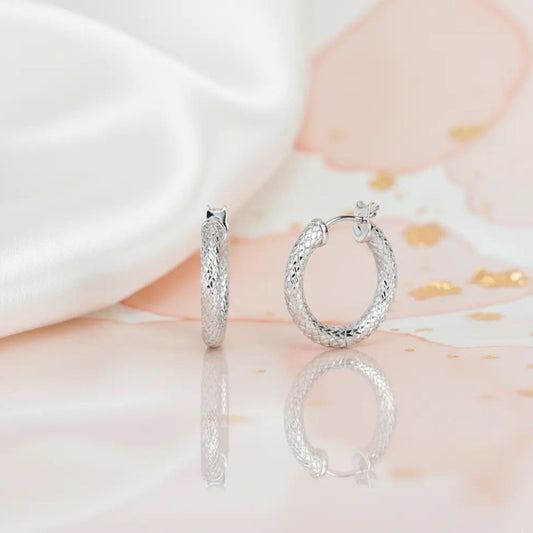 Textured Orbit 925 Silver Rhodium Hoop Studs