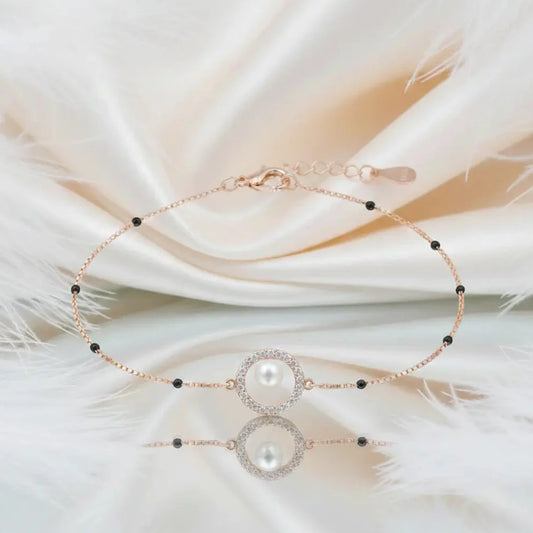 925 Sterling Silver Rose Gold Pearl Halo Adjustable Mangalsutra Bracelet