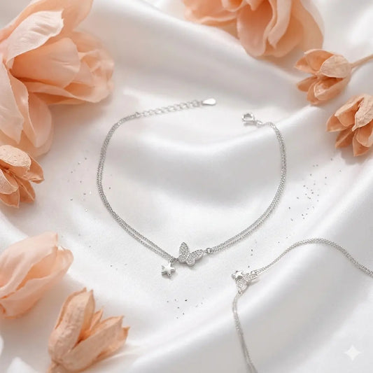 Whimsical Flutter 925 Silver Butterfly & Star Adjustable Anklet