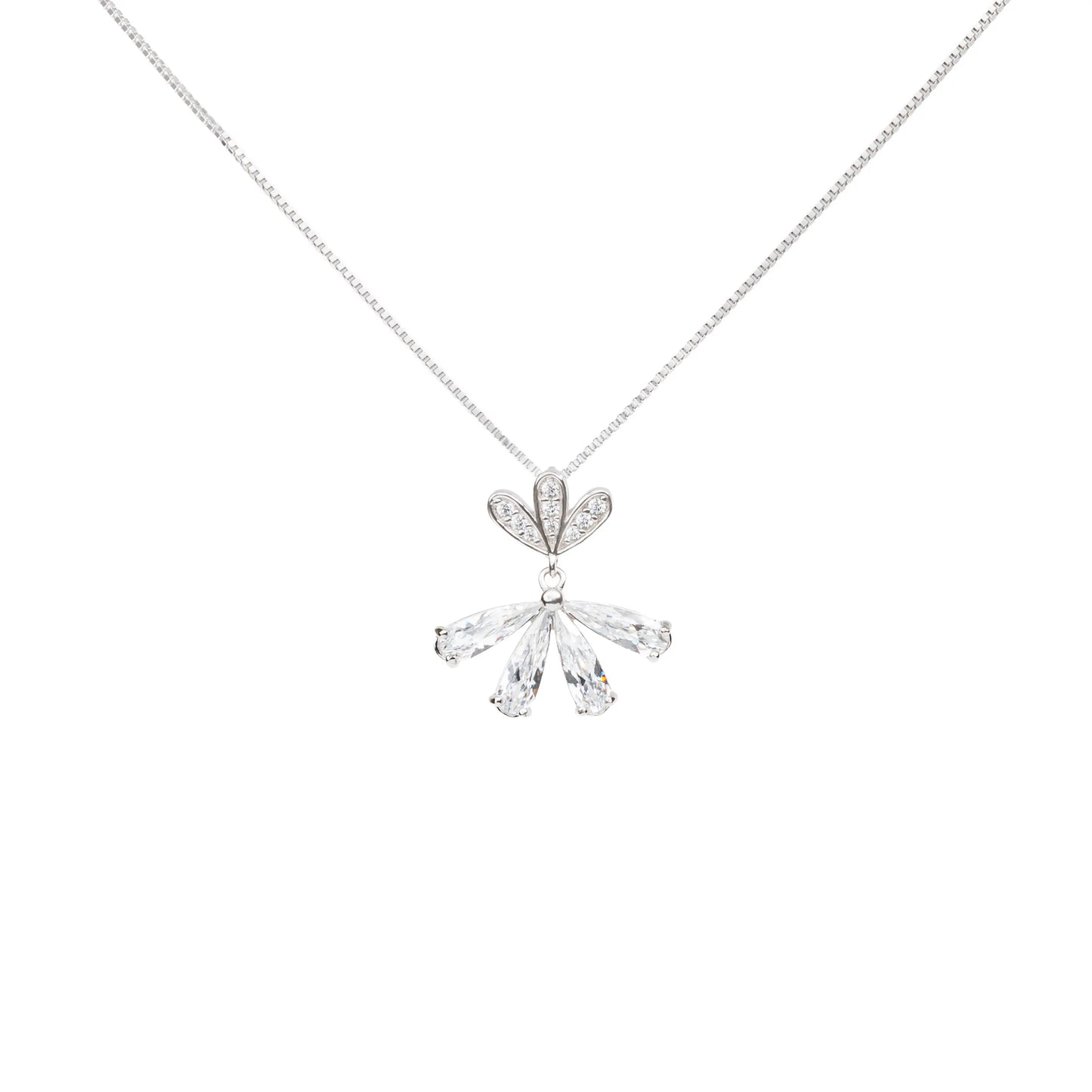 Crystal Bloom Fan Pendant Necklace - 925 Silver