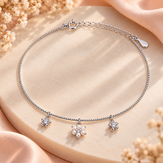 Sparkling Trio 925 Silver Bloom Adjustable Charm Bracelet