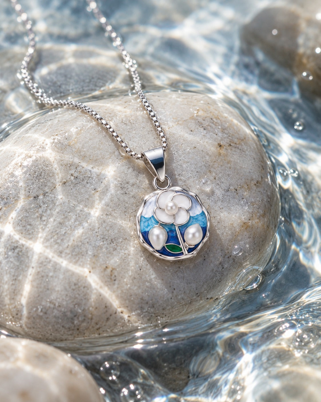 Blue Enamel Floral Pearl Silver Pendant Necklace