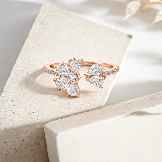 Radiant 925 Silver Rose Gold Petal & Pearl Adjustable Ring