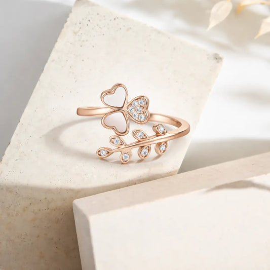 Graceful 925 Silver Rose Gold Clover & Vine Adjustable Ring