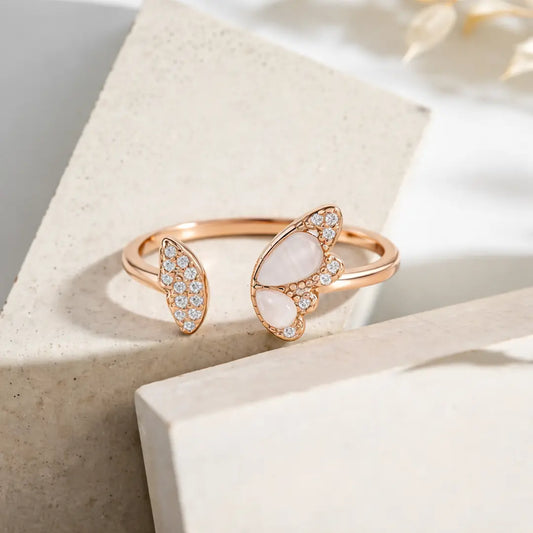 Graceful 925 Silver Rose Gold Butterfly Adjustable Open Ring