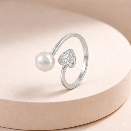 Elegant 925 Silver Heart & Pearl Adjustable Open Ring