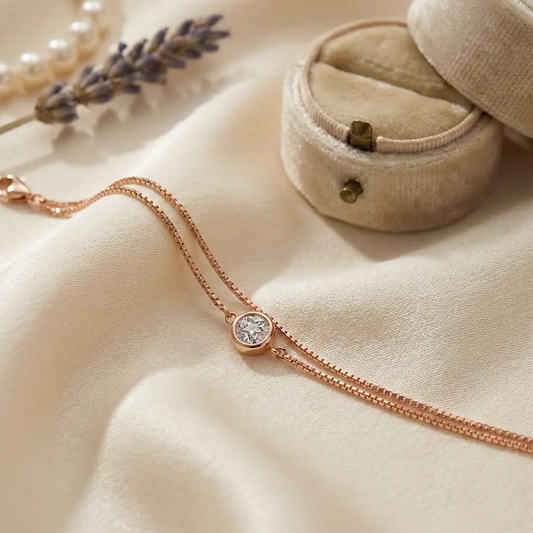 Celestial Solitaire 925 Silver Rose Gold Adjustable Double-Link Bracelet