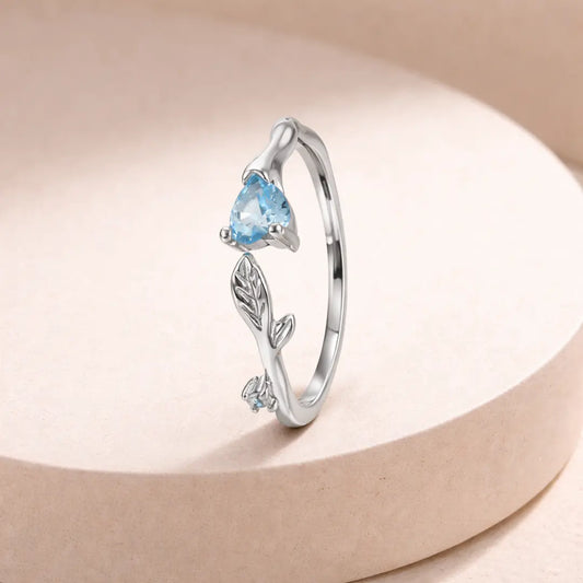 Graceful 925 Silver Blue Topaz Leaf Adjustable Ring