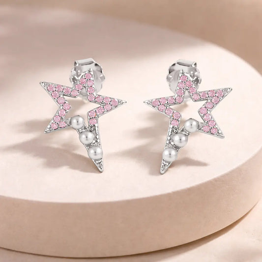 Cosmic Sparkle 925 Silver Pink Star & Pearl Adjustable Studs