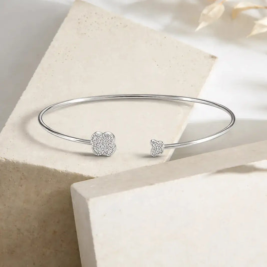 Sparkling Clover 925 Silver Adjustable Open-Cuff Kada