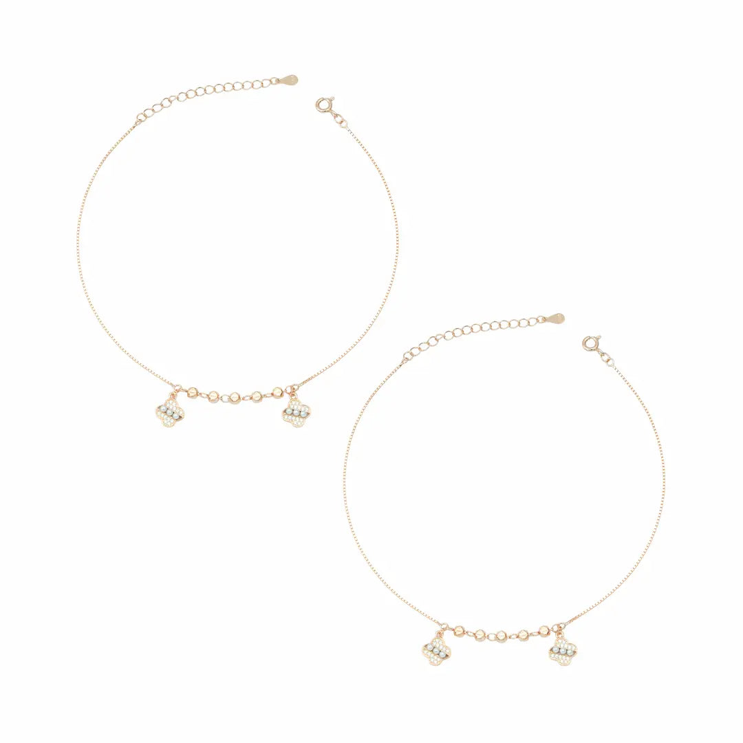 925 Sterling Silver Rose Gold Plated Adjustable Clover & Pearl Anklet Set