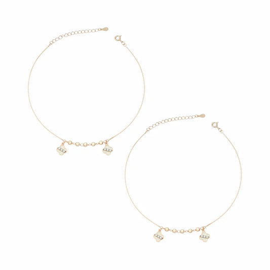 925 Sterling Silver Rose Gold Plated Adjustable Clover & Pearl Anklet Set
