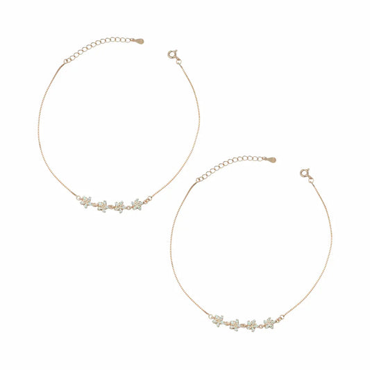 Elegant Rose Gold 925 Silver Triple Square Adjustable Anklet (Pair)