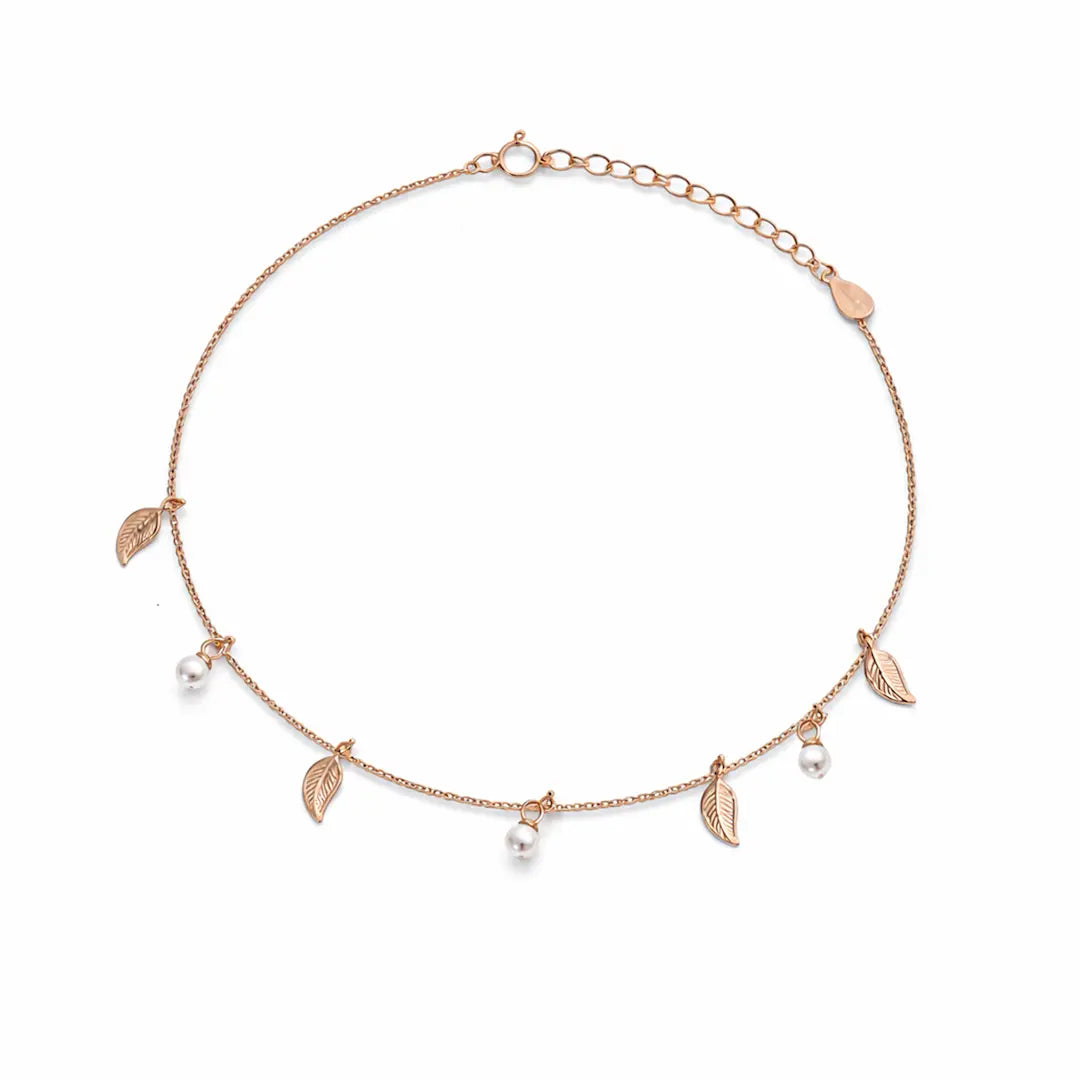 Golden Leaf & Pearl 925 Silver Adjustable Charm Bracelet