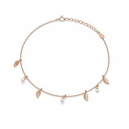 Golden Leaf & Pearl 925 Silver Adjustable Charm Bracelet