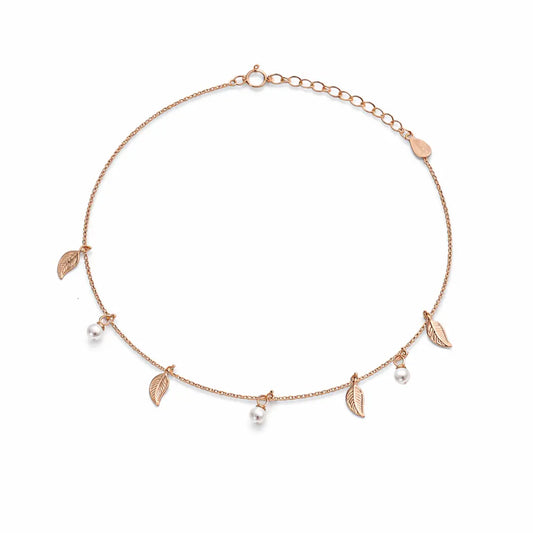 Golden Leaf & Pearl 925 Silver Adjustable Charm Bracelet