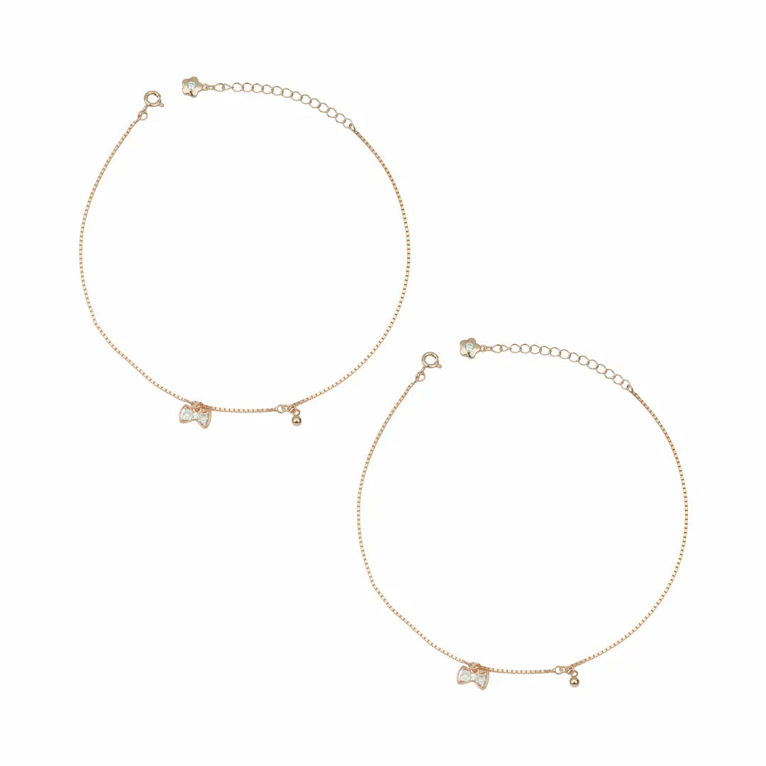 Bow Charm Adjustable 925 Silver Anklet Pair (Rose Gold Finish)