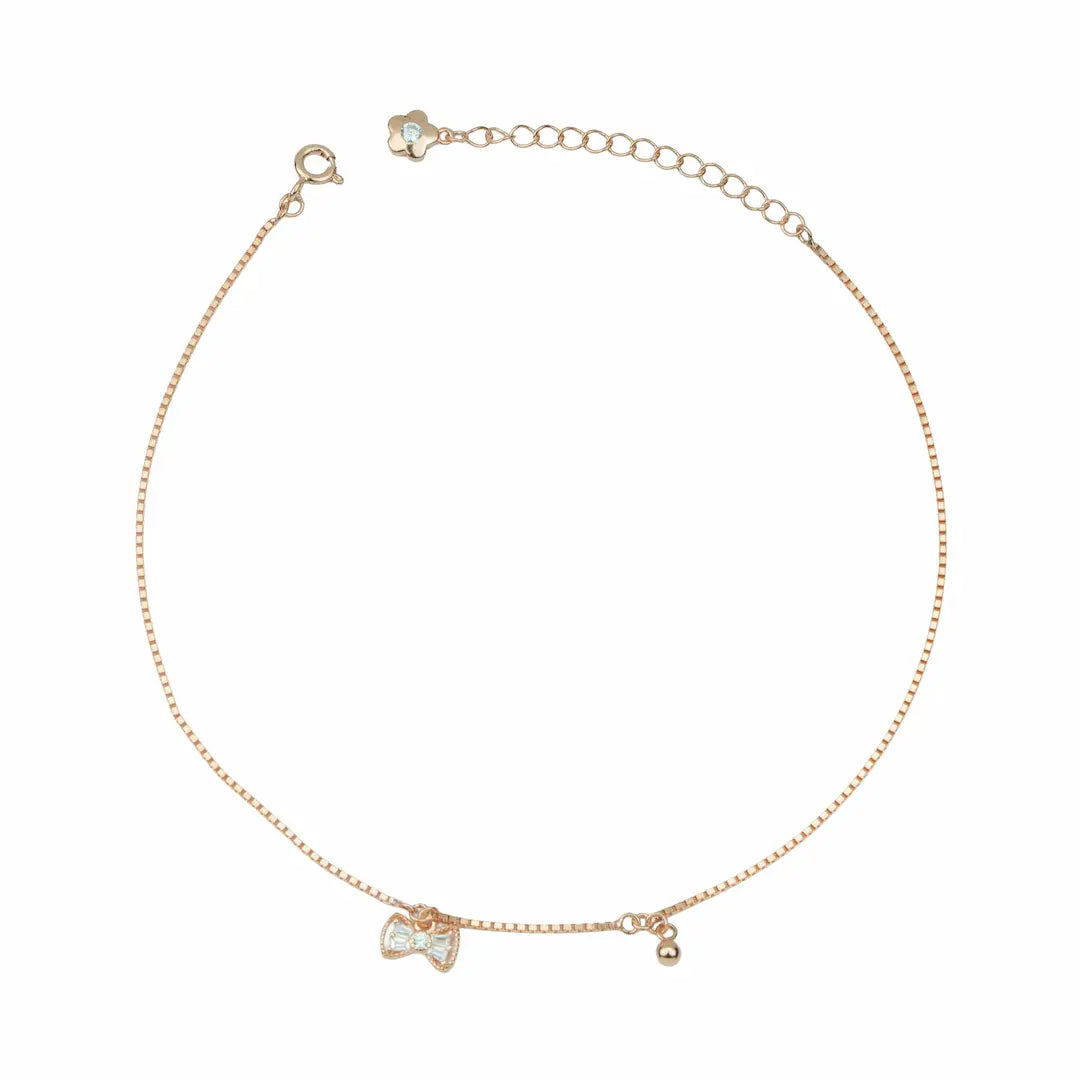 Bow Charm Adjustable 925 Silver Anklet Pair (Rose Gold Finish)