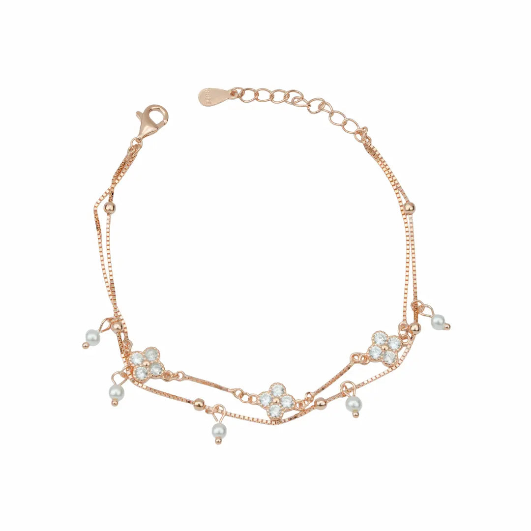 925 Sterling Silver Radiant Blossom & Pearl Adjustable Multi-Layer Bracelet