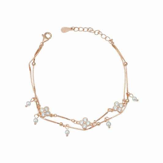 925 Sterling Silver Radiant Blossom & Pearl Adjustable Multi-Layer Bracelet