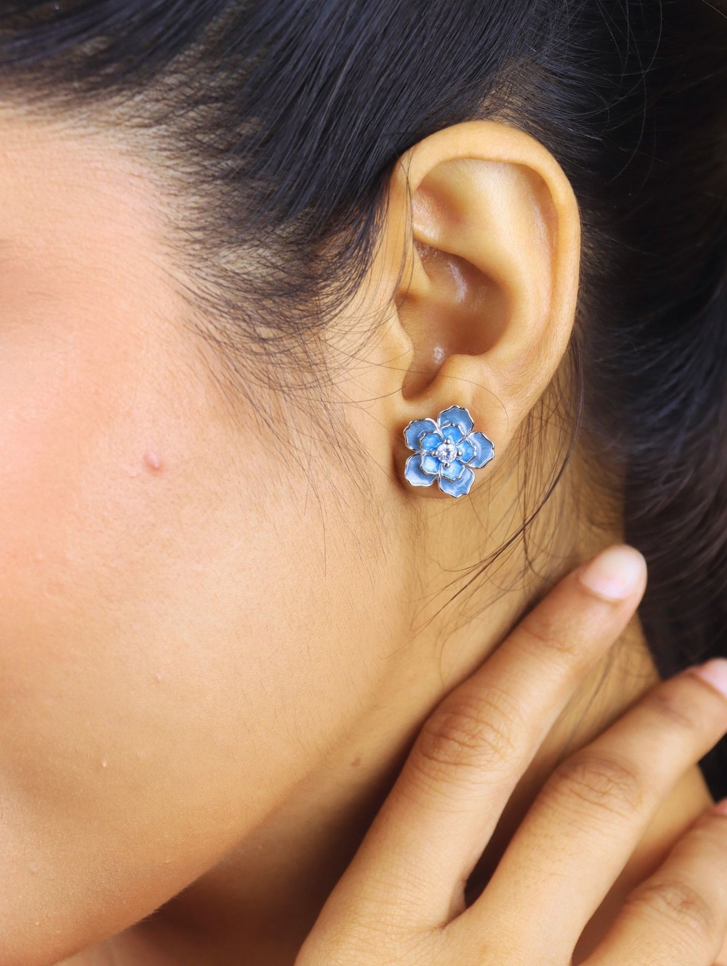 Blue Blossom Enamel Stud - 925 Silver