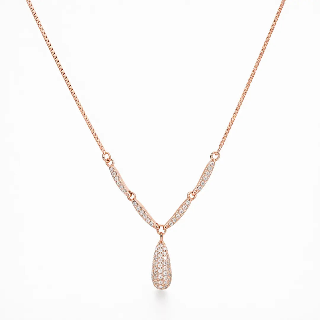 Sparkling 925 Silver Rose Gold Droplet Adjustable V-Necklace