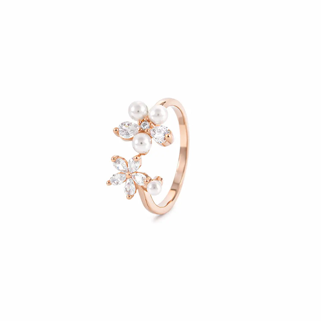 Graceful 925 Silver Rose Gold Floral Pearl Adjustable Ring