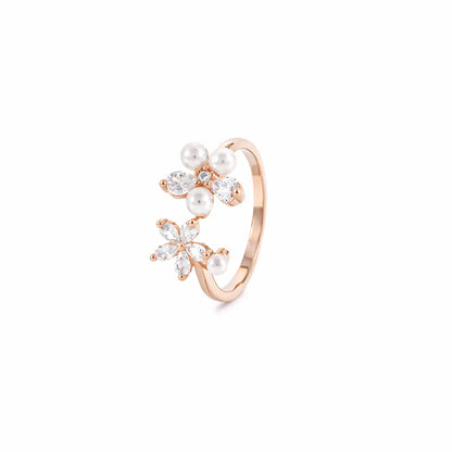 Graceful 925 Silver Rose Gold Floral Pearl Adjustable Ring