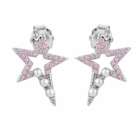 Cosmic Sparkle 925 Silver Pink Star & Pearl Adjustable Studs