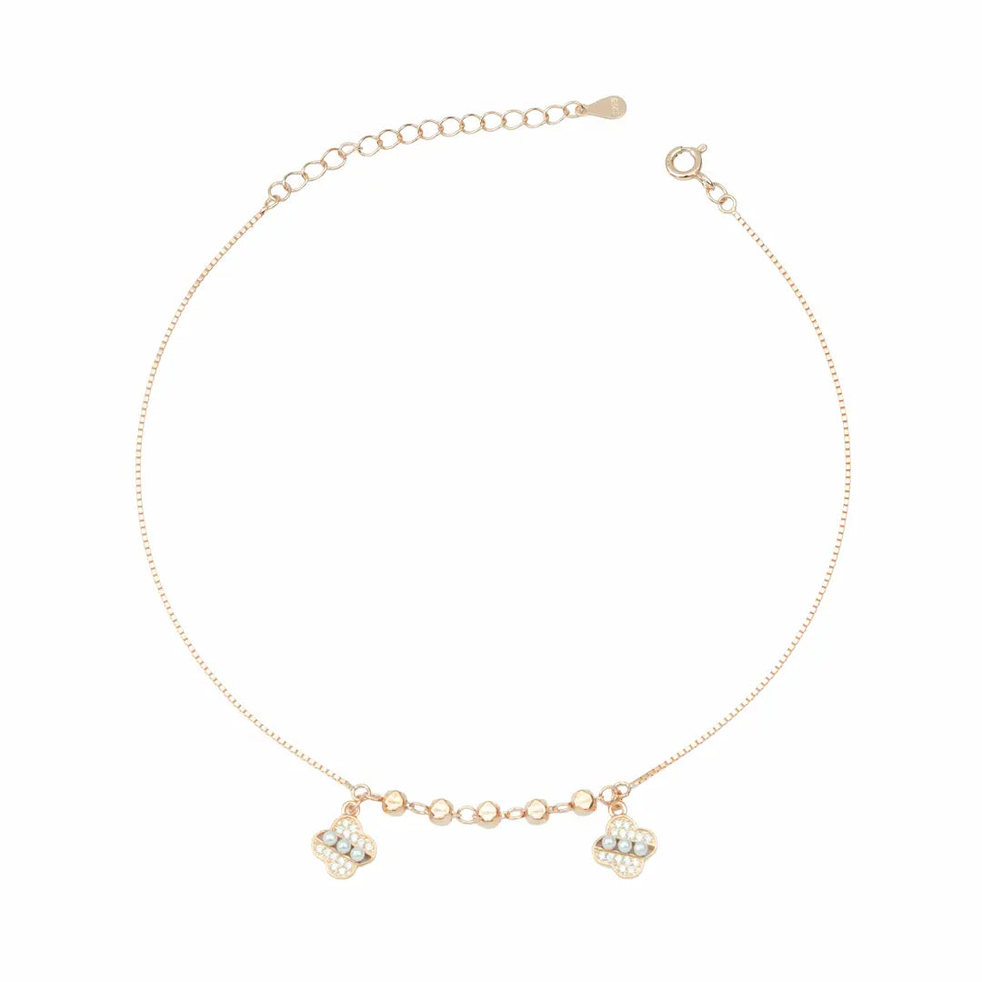 925 Sterling Silver Rose Gold Plated Adjustable Clover & Pearl Anklet Set