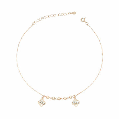 925 Sterling Silver Rose Gold Plated Adjustable Clover & Pearl Anklet Set
