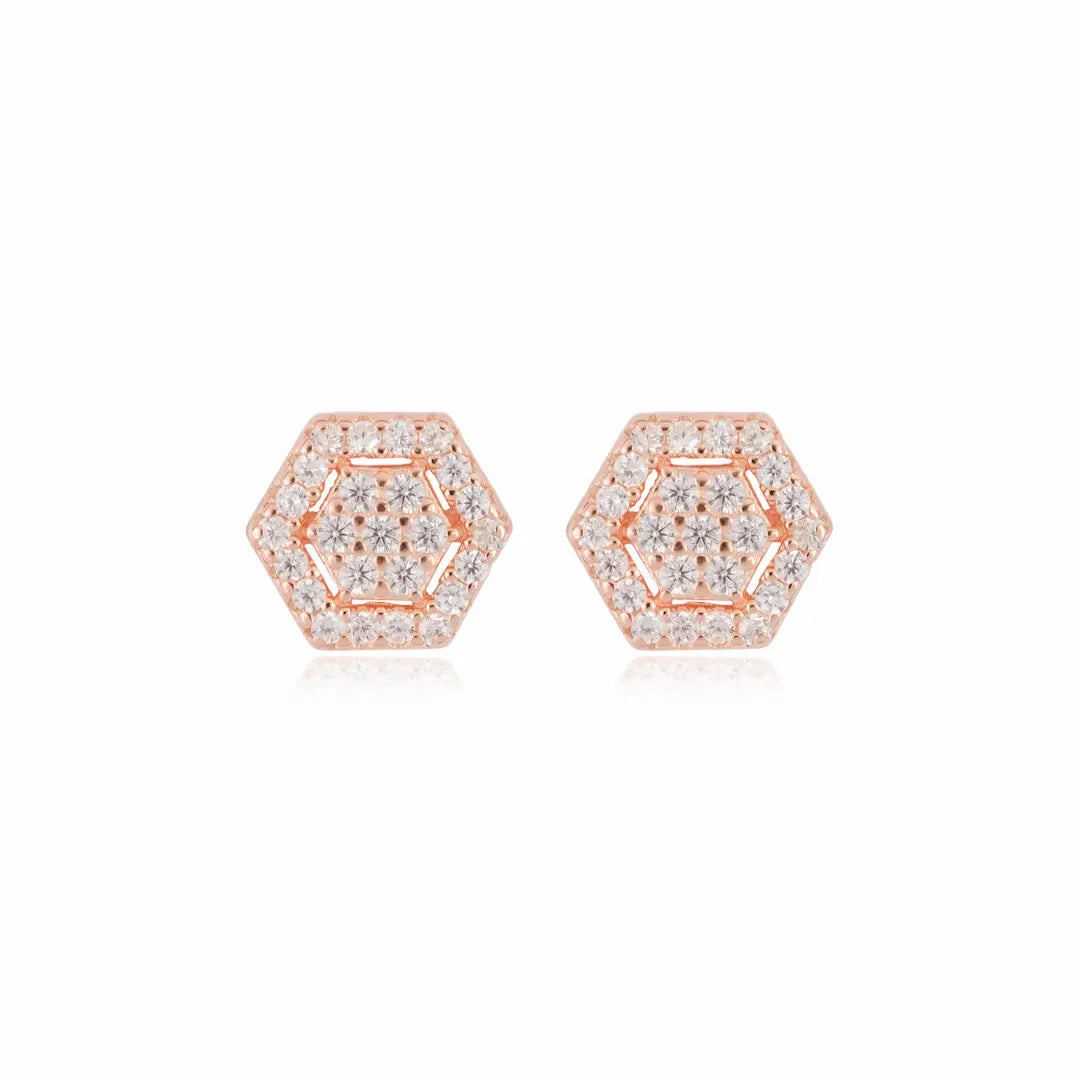925 Sterling Silver Rose Gold Hexagon Halo Studs (Adjustable Fit)