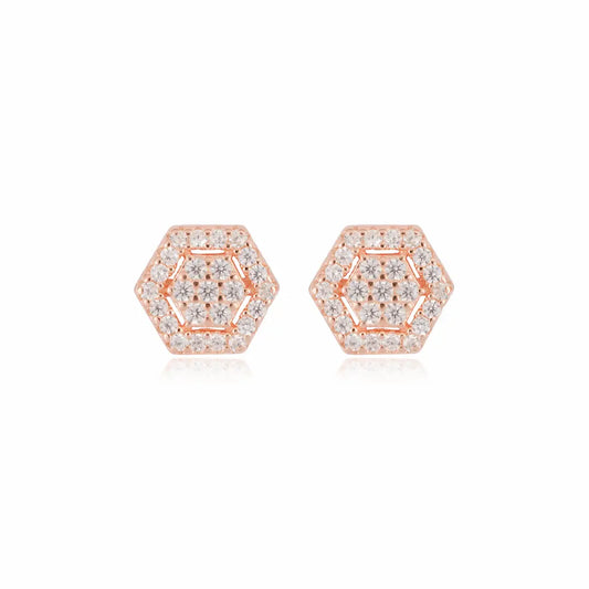 925 Sterling Silver Rose Gold Hexagon Halo Studs (Adjustable Fit)