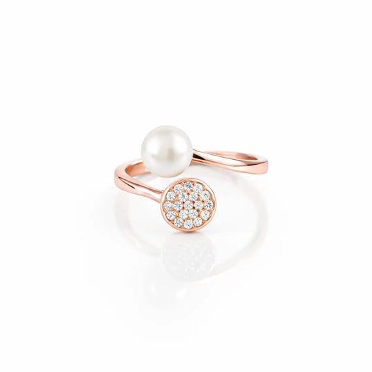Modern 925 Silver Rose Gold Pearl & Pavé Adjustable Ring