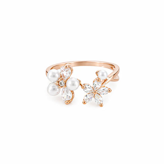 Graceful 925 Silver Rose Gold Floral Pearl Adjustable Ring